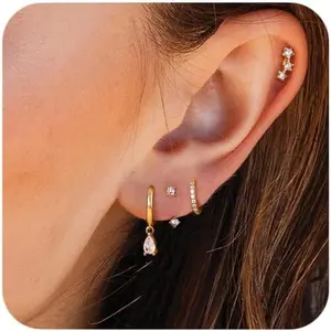 Glamorous 4 Pairs Golden Silvery Earring Set for Women Men Shining 3A CZ Copper Stainless Steel Dainty Stud Huggie Hoop Earrings for Multiple Piercing Hypoallergenic Small Hoop Dangle Earrings Cartilage Earring Set