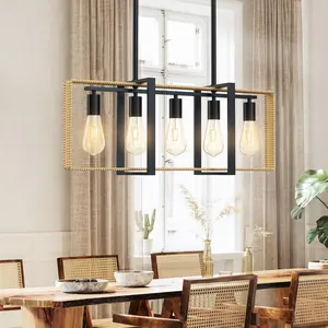 Rattan Pendant Light,5 Lights Celling Light Fixture Industrial,Farmhouse Chandelier,Bohemian Modern Woven Braided Frame,Height Adjustable,Dining Room Living Kitchen Hallway Bedroom,Over Table