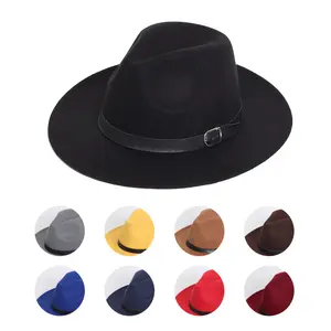 Solid Wool Felt Fedora Hat for Men and Women - British Retro Jazz Style Flat Brim Gentleman Hat, Breathable Polyester Knit, Non-Stretch Top Hat