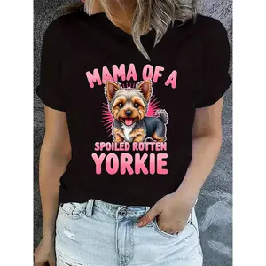 Casual T-Shirt - "Spoiled Yorkie Mom" |   Black base with pink lettering and Yorkshire Terrier design, soft stretch fabric, crew neck, short sleeve, machine washable, pet lover tee, spring fashion, fun design, stretch material