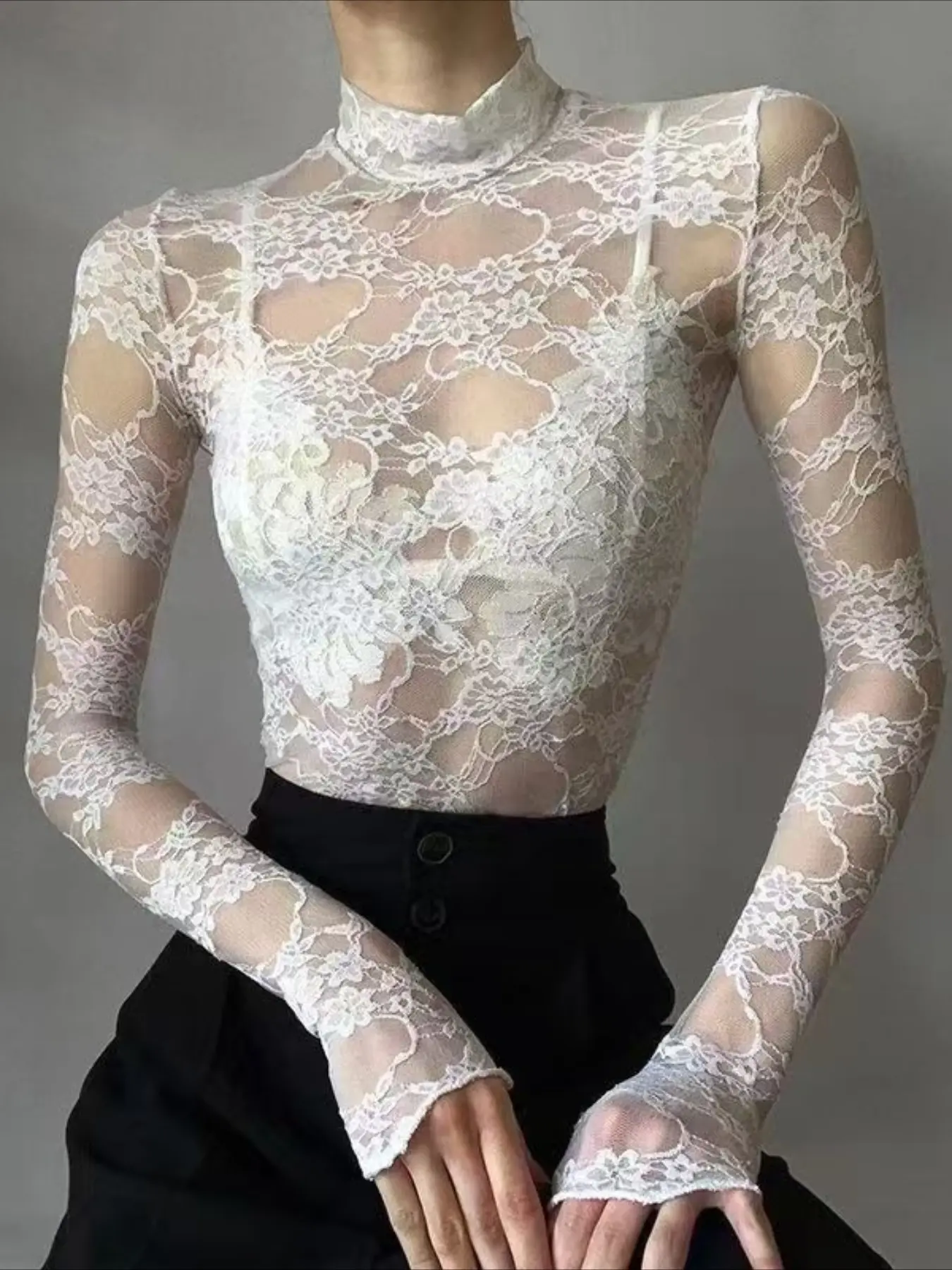 Sexy Lace Blouse Shirts Summer Women Turtleneck Long Sleeve See Through Lace Patchwork Thin Tops Blouses Shirts Tops Lady Womenswear Sheer Elegant Casual Fit