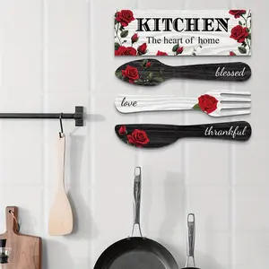 2D flat, 4-piece set of wooden rose element farmhouse summer home wall decoration, kitchen decoration set, wooden wall decoration, kitchen wall art decoration