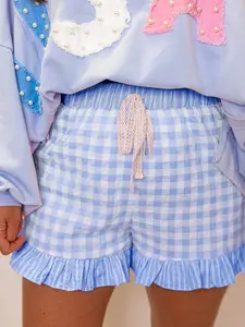 High Waist Sky Blue Plaid Gingham Casual Shift Shorts With Lace Drawstring & Ruffled Striped Hem For Daily Casual Wear Women Relaxed Fit Daily Lounge Bottoms Short Pants