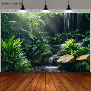 2D flat banner, 1 piece, 1 tropical waterfall background image, featuring lush green plants and a waterfall in the background - polyester fiber decorative fabric, suitable for Earth Day decorations and photography props, kdj