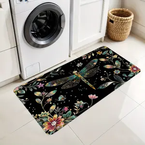 3pc Flowers Dragonfly Black Vintage Floor Mat Beautiful Flower Print Kitchen Mat Bedroom Entrance Door Mat Home Hallway Floor Decor Living Room Rug Bathroom Mat Aesthetic Room Decor, kitchen Area Rugs, Laundry, bedrooom, Christmas Home Decor