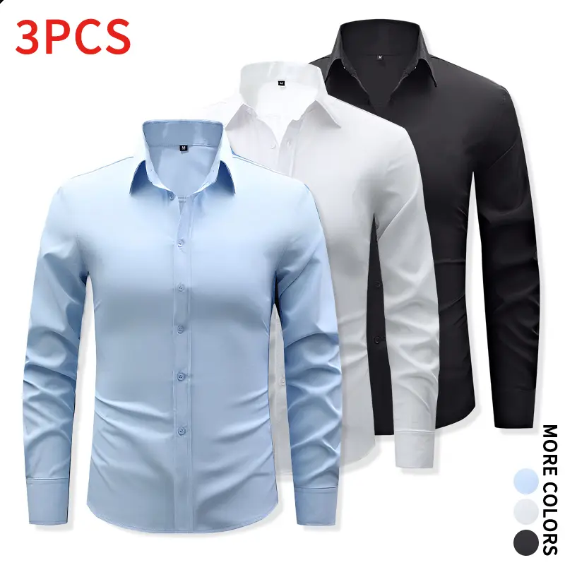 Men's 3-Pack Slim Fit Long-Sleeve Solid Color Button-Down Shirts, Business Casual Formal Office Daily Wear Tops