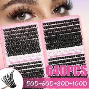 DIY False Eyelash Extension Kit, False Eyelash Set, 640 Individual Lashes, Curl Cluster Lashes, 8-16mm D Curl, Includes Adhesive, Sealer, Remover, Applicator, Home Use