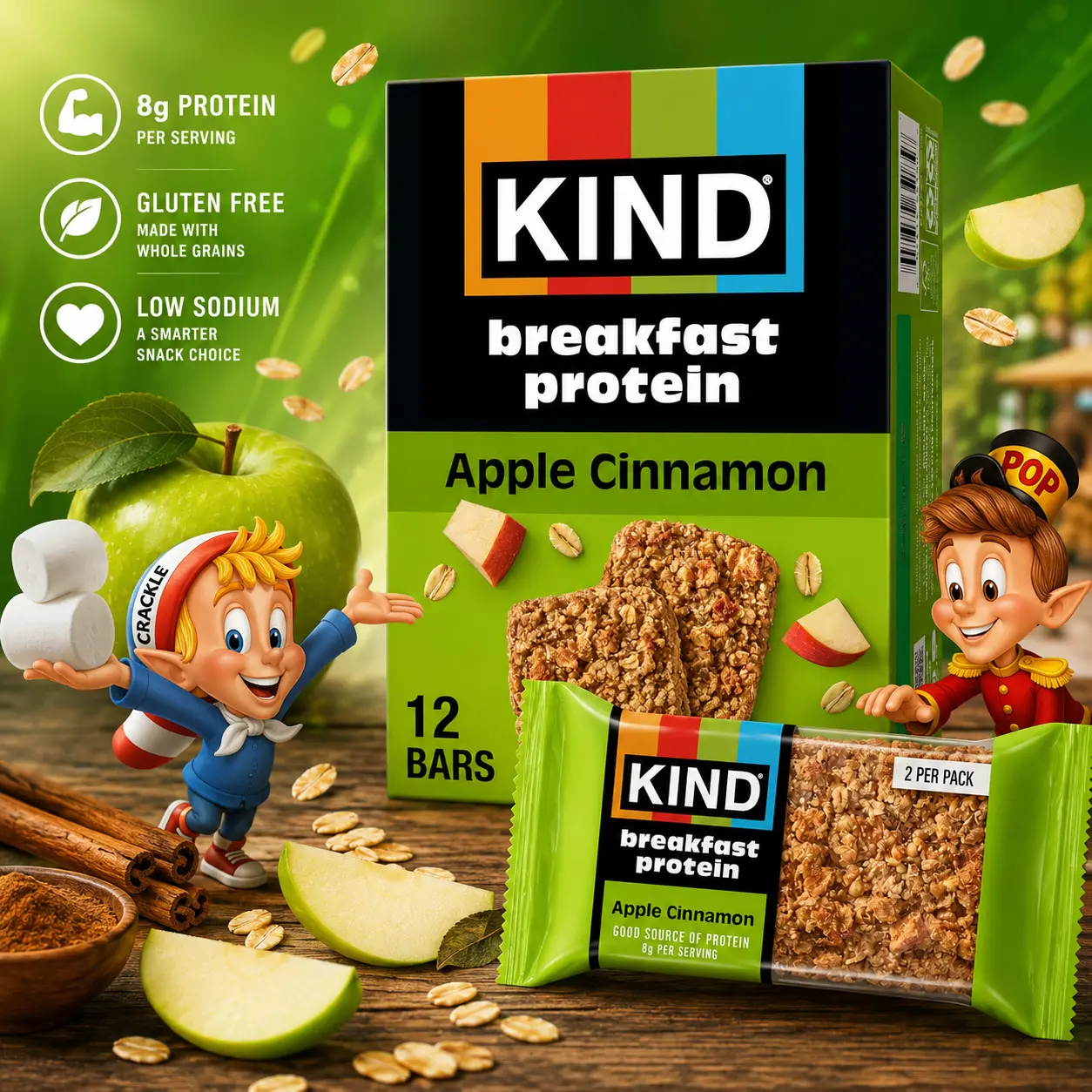 KIND Breakfast Protein Bars, Apple Cinnamon, Gluten Free, Low Sodium, Healthy Snacks, 8g Protein, 12 Count (12 Packs of 2 Bars)