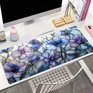 Stained Glass Blue Purple Flowers Large Gaming Mouse Pad, Office Desk Accessories, Washable Aesthetic Office Desk pad Non-Slip Rubber Base Stitched Edge Best For Desk Laptop For Home Office Game Gift For Gaming Enthusiasts