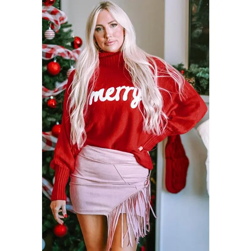 Christmas Merry Embroidered Puff Sleeve Turtleneck Sweater - Long Sleeve Casual Acrylic Top for Fall Autumn Winter Plus Size
