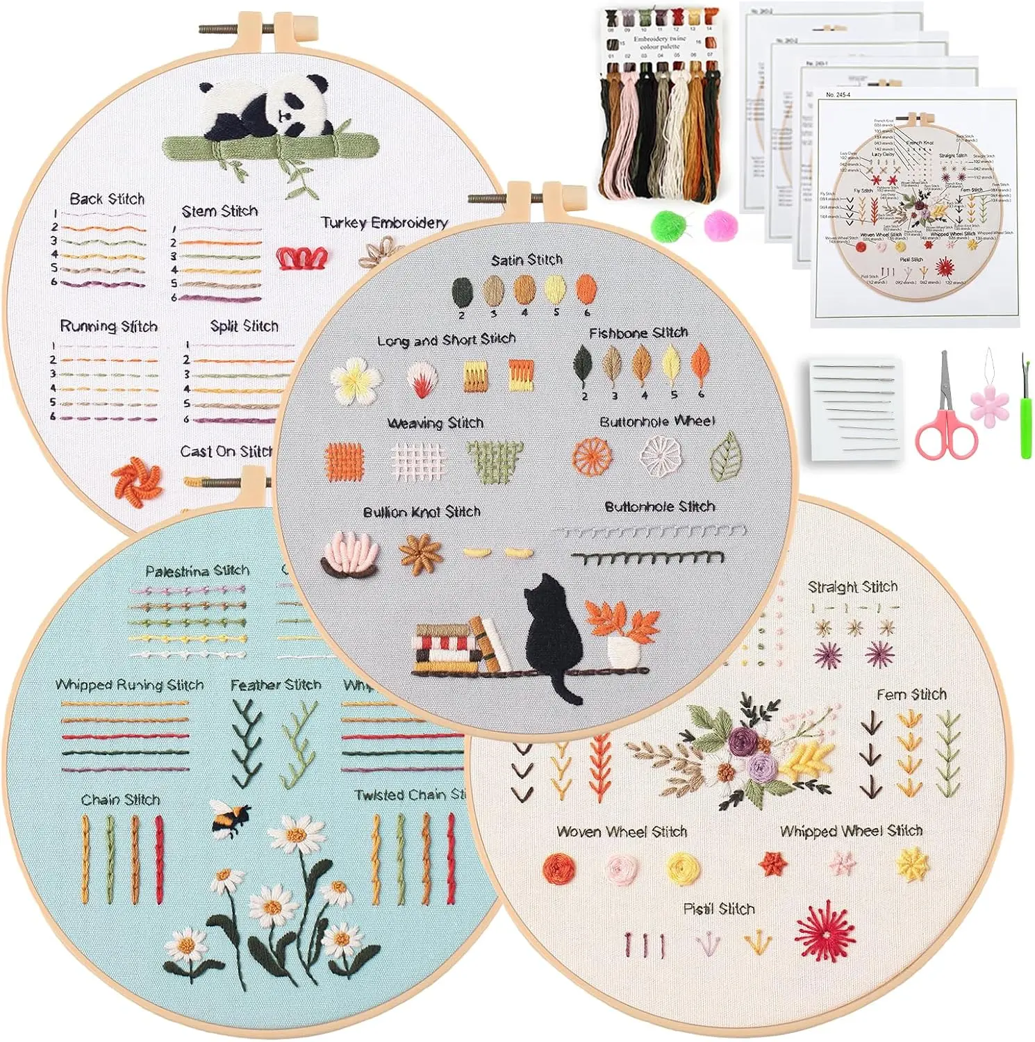 JOINRUN Beginner Embroidery Kit for Adults, 4 Pack with Video Tutorial | Pre-Printed Patterns with 7.8" Hoop, Threads and Needles, Learn Basic Stitches, DIY Needlework Craft Gift for Women