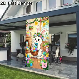 2D flat banner, 1pcCheerful Cartoon White Rabbit with Flower Crown Easter Decorations, Brightly Lit Cozy Room Easter Eggs Basket & Floral Decorations, Whimsical Easter Party Backdropgalentines party decor, valentine day decor, decorations for valen