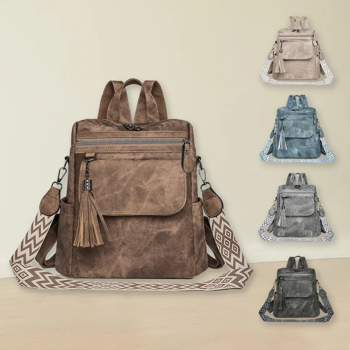 Women's Vintage PU Leather Convertible Shoulder-Backpack, Jacquard Pattern, Flap Pocket, Lightweight Multi-Compartment Everyday Bag for Casual Use & Christmas Gifts (Do Not Wash) - Backpacks for Women, Bags for Everyday