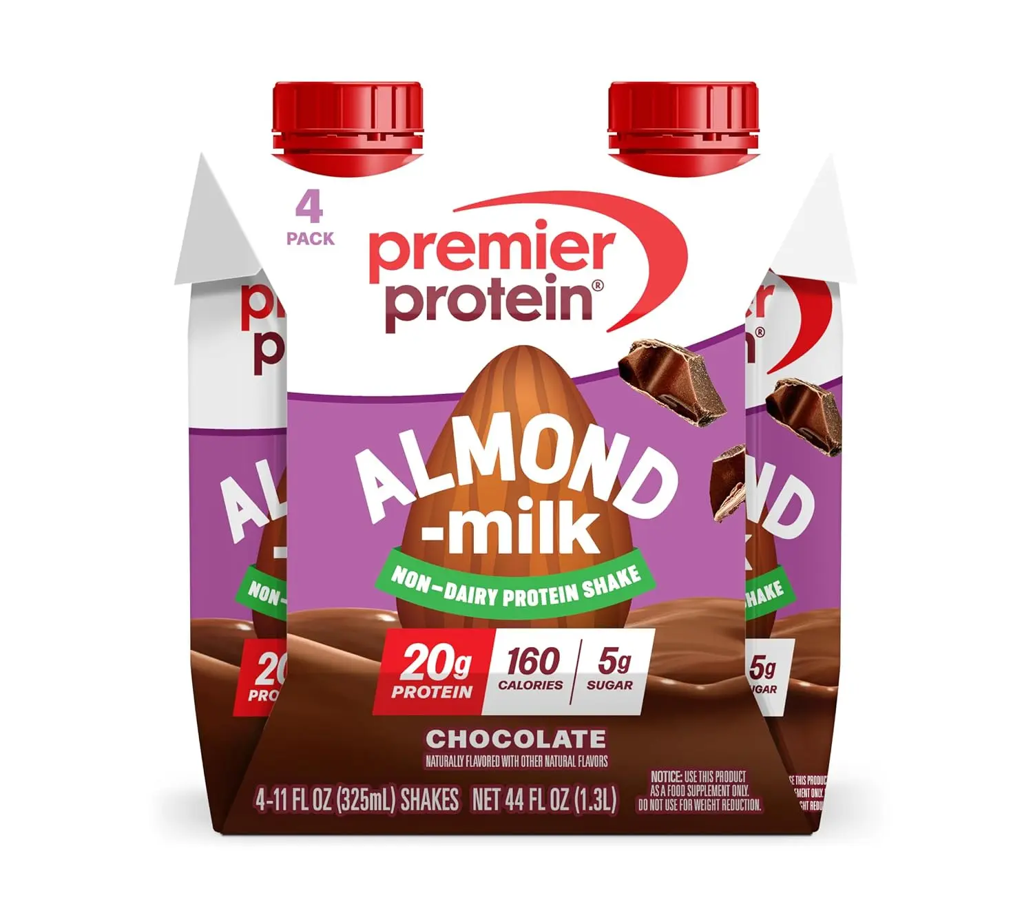 Premier Protein Non-Dairy Almondmilk Protein Shake, 20g, Chocolate, 4 Pack | Plant-Based Protein, 160 Calories, 5g Sugar, Supports Muscle Health, Gluten-Free, 11 oz