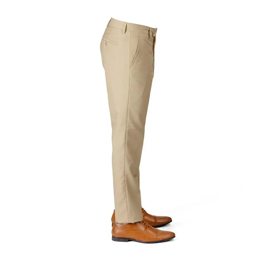 Mens Solid Beige Slim Fit Dress Pants Flat Front Trouser Slacks By AZARMAN