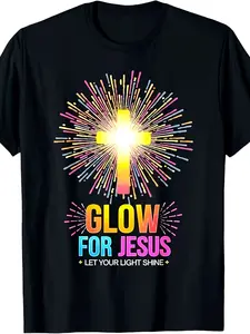 "Shine for Jesus, Let Your Light Shine" T-shirt- Vintage Christian Design T-shirt, Featuring Vibrant Crosses and Radiant Lines, 220g Heavyweight Solid Color, Unisex Loose Fit with a Round Neck, Comfortable for All Seasons, Suitable as Faith Apparel
