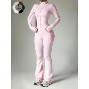 Women's Two-Piece Sportswear Set, Zipper Jacket and Tight Pants, Fashionable Fitness Clothing with Convenient Pockets, Sportswear All Seasons