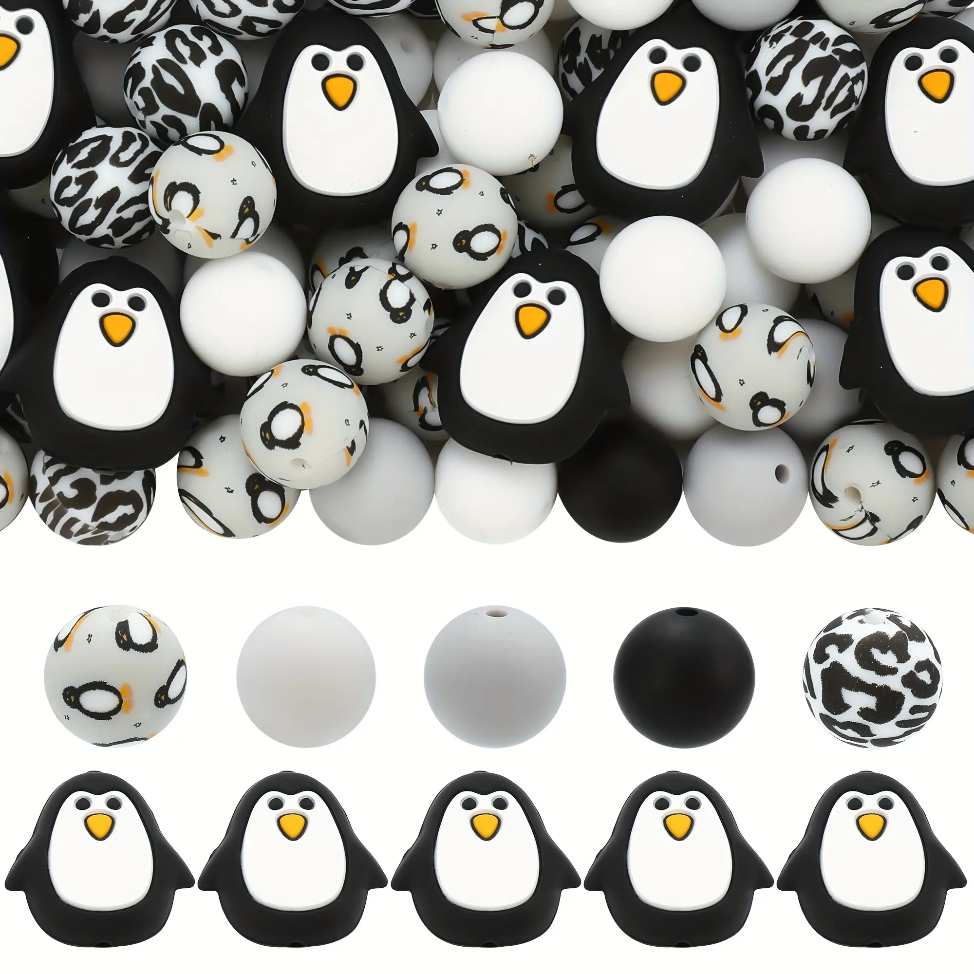 75-Set 27mm & 15mm Black and White Printed Penguin Animal-Theme Soft Light Silicone Beads, Easy-to-Clean Beads Making Supplies for Moms, DIY Bracelets & Keychains Craft Tools