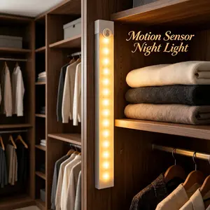 Smart motion sensor light. It turns on automatically when it detects movement and shuts off after a while. Energy-saving and easy to install, perfect for hallways, stairways, bedrooms, and closets.