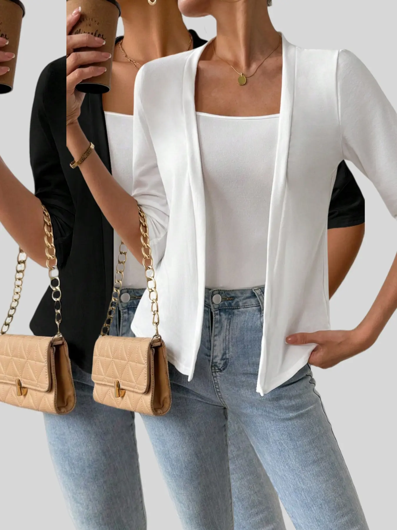 Early autumn style fashionable and elegant lady commuting to work casual solid color half-long sleeve cardigan Womenswear Tops Knitwear