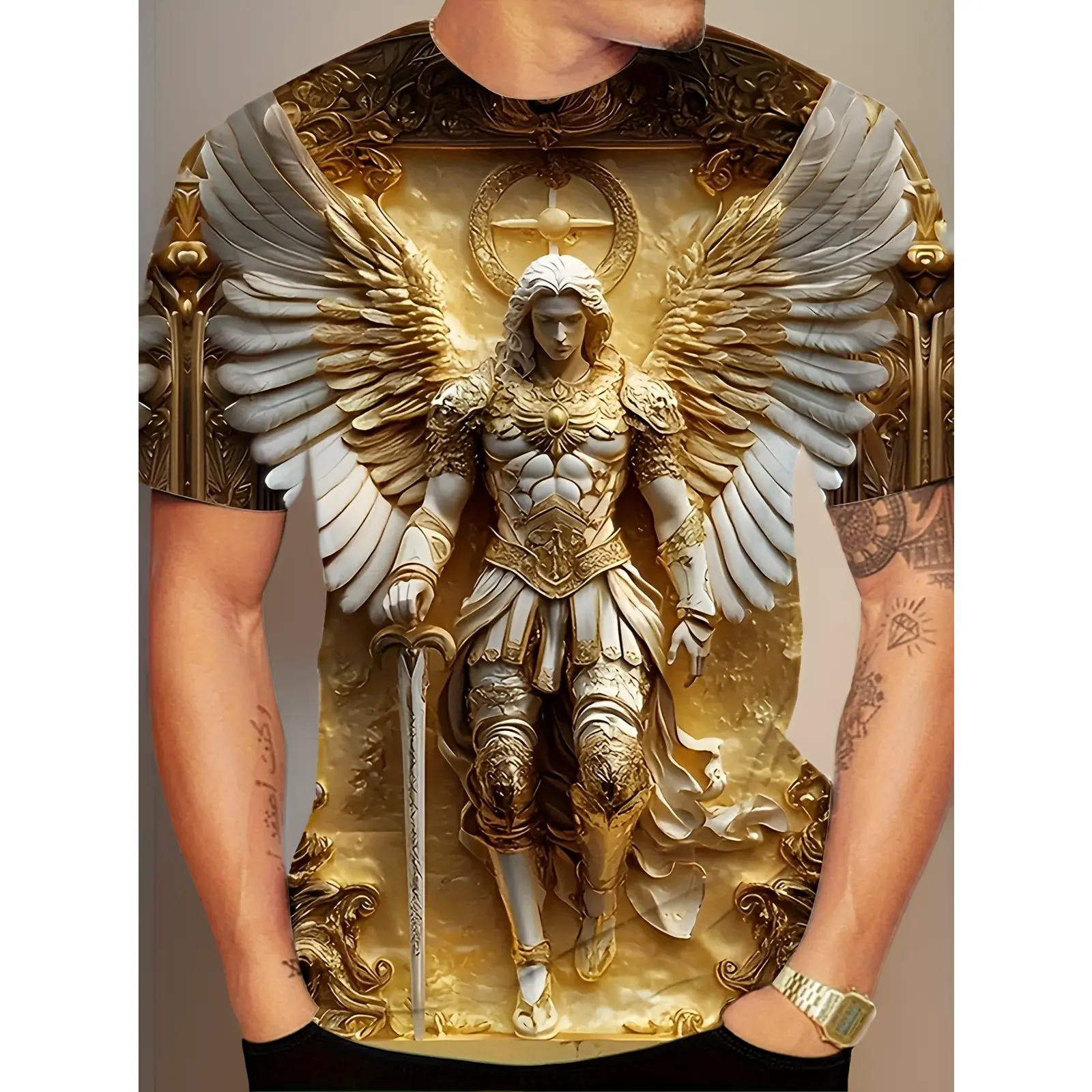 Men's 3D Golden Angel Warrior Armor Pattern T-Shirt- Full Body Print Casual Short Sleeve Crew Neck Top, Regular Fit, Machine Washable Summer Art Street Style Comfortable Shirt, Exquisite Design Heat Transfer Printing, PLUS SIZE