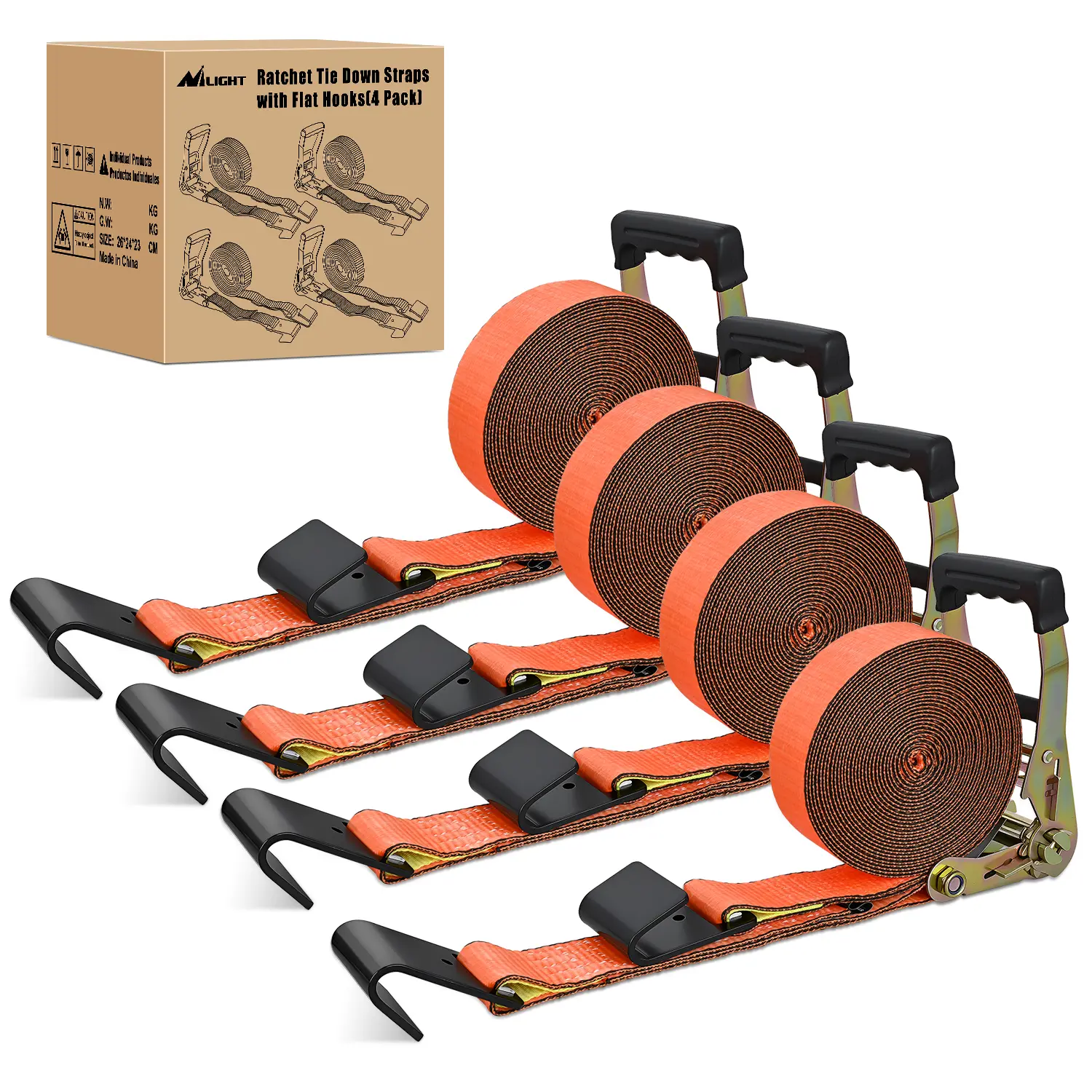 Nilight Flat Hook Ratchet Straps 4 Pack 2 in x 30 Ft | Heavy Duty Tie Down Straps 10,000 Lbs Breaking Strength for Truck, Trailers Pickup Orange