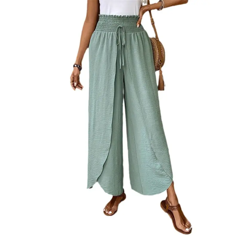 Women's Split Leg Palazzo Pants - High Waisted Asymmetric Tulip Wide Leg Trousers, Loose Fit Crinkle Textured Summer Beach Lounge Pants GSB activewear flowy