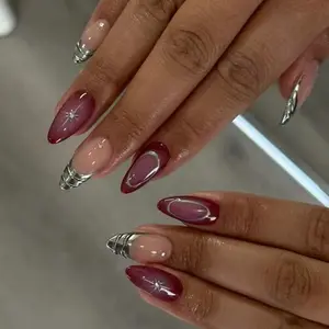 Elevate Your Style, 24pcs Long Almond Silver Color French Stars & 3D Rhinestones Nail Tips, Acrylic False Nails for Women & Girls, Almond Fake Nails