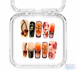 GakuNails CHERRY BLOSSOM 10 PCS Long Square Handmade Press On 3D Cherry Gel Builder Gel Floral Elegant Quality Reusable Eco-Friendly Nails Cute