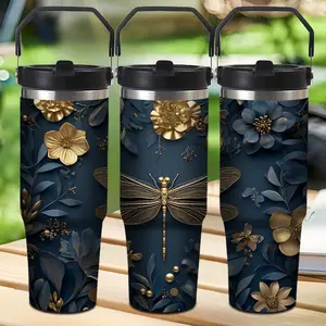 [Festival Gift] 1-piece 30Oz Dragonfly Stainless Steel Thermos Bottle - With lid and handle, stylish design, perfect for car travel and outdoor activities, an excellent gift for friends, family, and neighbors