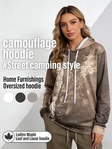 Womens Camo Maple Leaf Hoodie | Oversized Lightweight Printed Fleece Hooded Sweatshirt with Pocket |  Camo Leaf Branch All over Print | Casual Fabric Womenswear Everyday Polyester Style Tops Breathable Long Sleeve