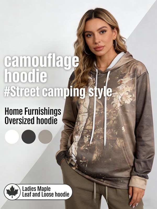Womens Camo Maple Leaf Hoodie | Oversized Lightweight Printed Fleece Hooded Sweatshirt with Pocket |  Camo Leaf Branch All over Print | Casual Fabric Womenswear Everyday Polyester Style Tops Breathable Long Sleeve