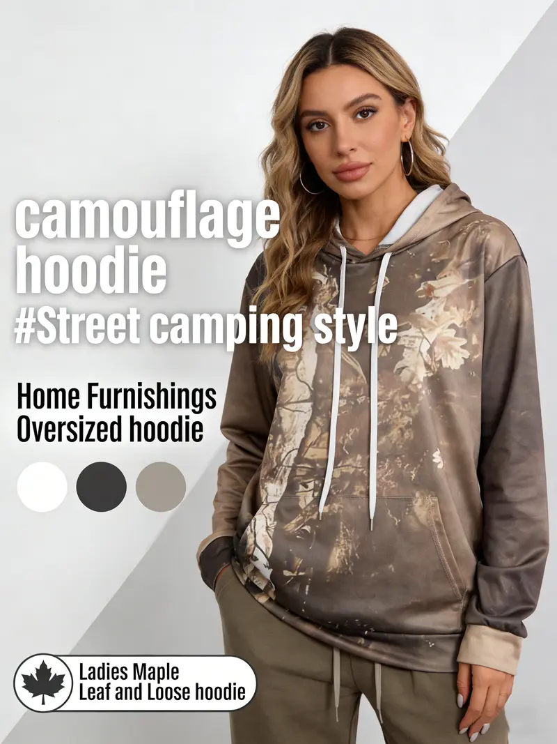 Womens Camo Maple Leaf Hoodie | Oversized Lightweight Printed Fleece Hooded Sweatshirt with Pocket |  Camo Leaf Branch All over Print | Casual Fabric Womenswear Everyday Polyester Style Tops Breathable Long Sleeve