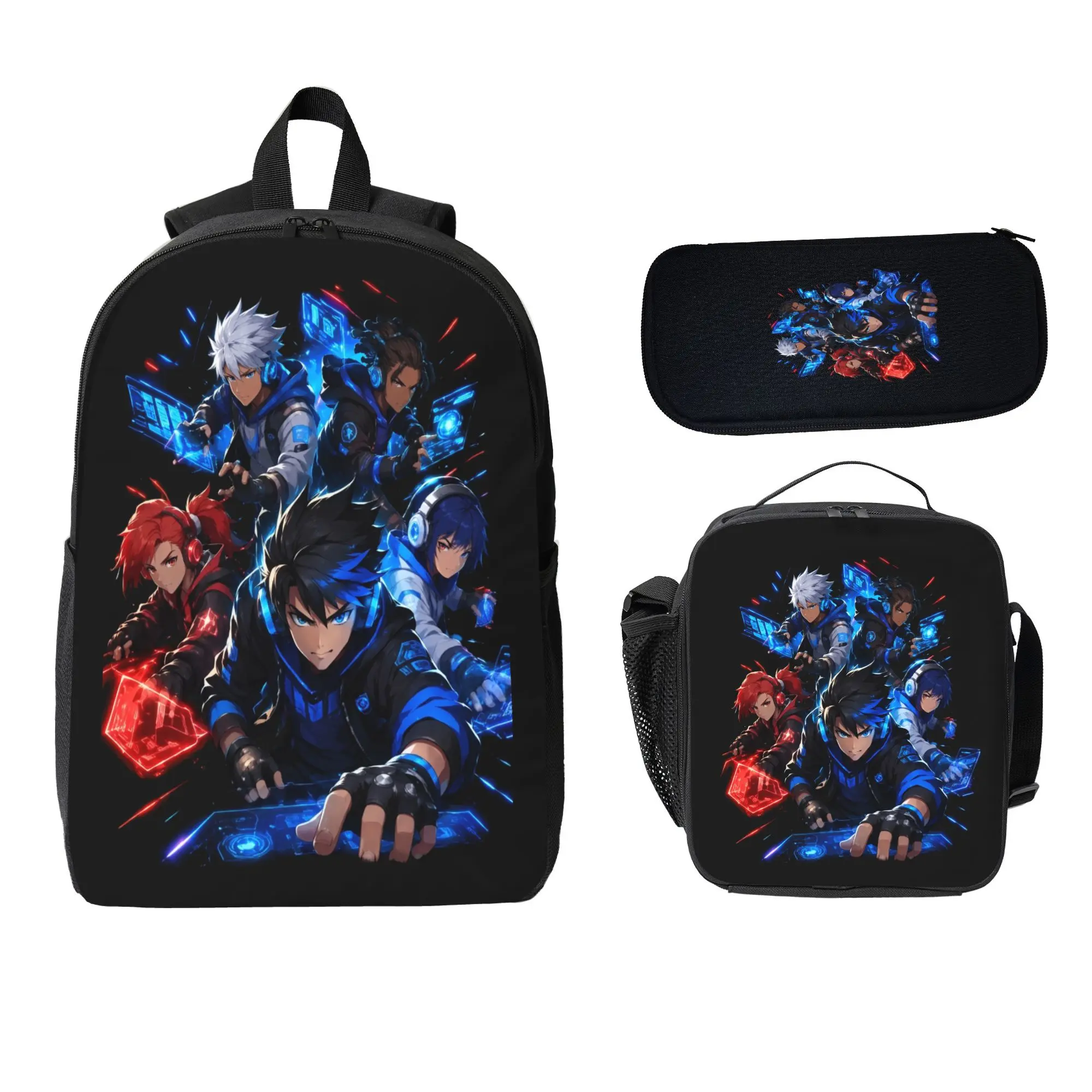 Anime Cyber Gaming Team Backpack Set 3 Pieces, Cool Neon Blue Red Tech Boy Group Print Bookbag with Insulated Lunch Bag Pencil Case, Anime Gamer Aesthetic Back to School Backpack for Teen Boys Cartoon Game Fans