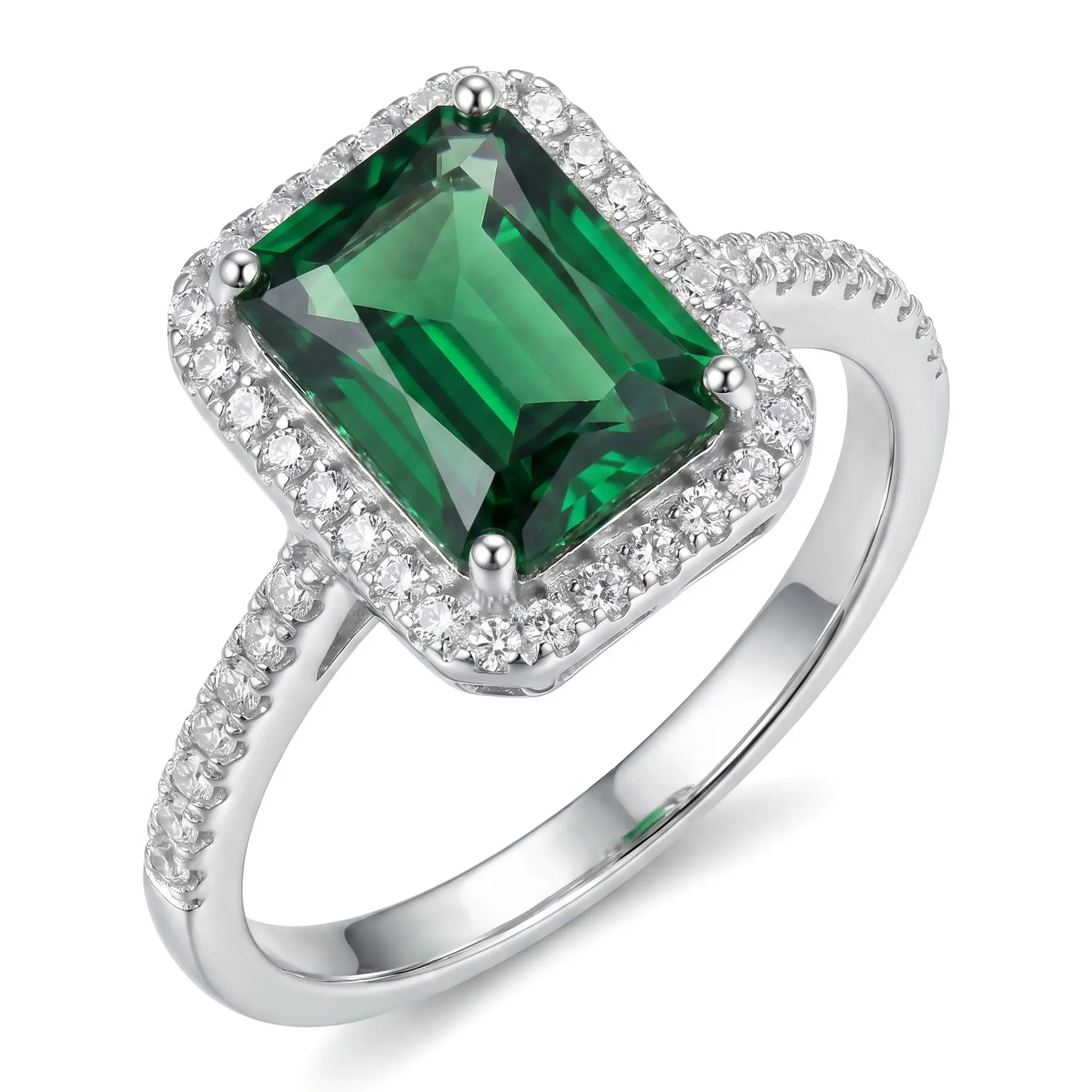 925 Sterling Silver Halo Bridal Ring for Women with a 1.00 Ct Square Cut Lab-Created Emerald and CZ Accents, Wedding Engagement Jewelry, Bridal Rings