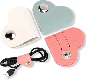 Heart Cord Organizer 3 Pack Wrap Manager, USB Cable Organizer Storage PU Leather Earphones Storage Straps Portable Bag Charging Cable Holder Cute Headphone Case Gifts for Women Girls