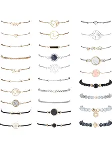 29 Piece Cute Bracelets Set for Women Layered Adjustable Beaded Pendent Stack Links Bracelet Assorted Stackable Wrap Bangle Multiple Friendship Bracelet Jewelry