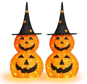 Ubesgoo 5FT Collapsible Stacked Pumpkin Halloween Decor, Stretchable Jack-o'-Lantern with Witch Hat, 100 Warm White LED US Plug Light for Yard, Garden, Porch, Party Decor