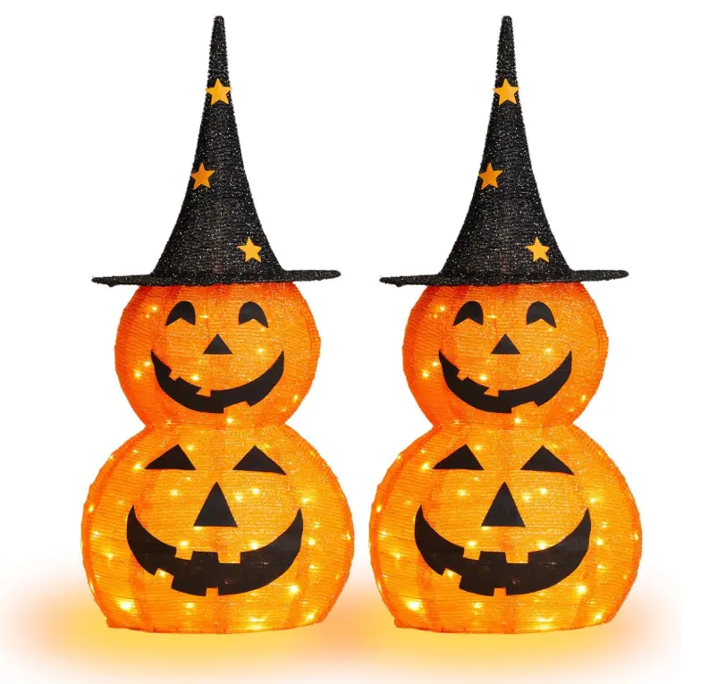 Ubesgoo 5FT Collapsible Stacked Pumpkin Halloween Decor, Stretchable Jack-o'-Lantern with Witch Hat, 100 Warm White LED US Plug Light for Yard, Garden, Porch, Party Decor