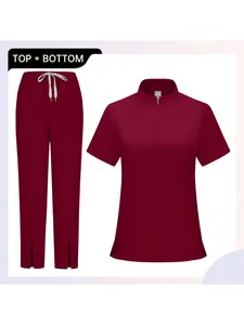 Short Sleeve Scrub Top Straight Pants Quick Dry Solid Color Set Unisex Workwear For Doctor Nurse SPA Beauty Salon