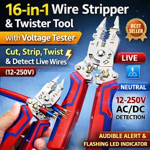 Professional 16-in-1 Wire Stripper and Twister Tool with Rechargeable Design, 12–250V AC/DC Voltage Detection, Live/Neutral Wire Identification, Audible and Visual Alarm with LED Flashing Indicator
