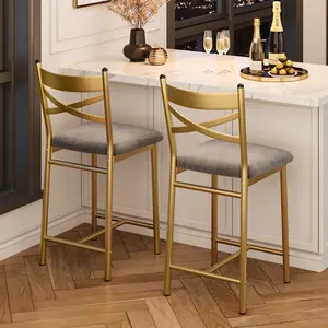 Garvee Set of 2 Metal Bar Stools 26 Inch Counter Height with X-Back Design and Thick Cushioned Waterproof Faux Leather Seats for Dining and Bar Use