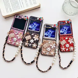 Sparkling Rhinestone Flower Pearl Chain Flip Phone Case, Full Protection Cover for Samsung Zflip3/4/5/6/7, Stylish and Durable