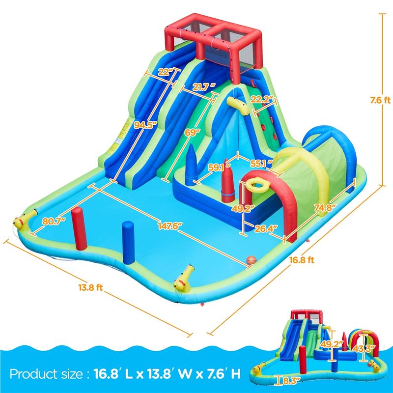 Yaheetech Inflatable Water Slide, Double Lane Water Slide, Combo W/ Storage Bag & 650W Blower, 2 Slides & 2 Pools & 2 Water Cannons & Tunnel & Basketball Hoop & Climbing Wall & Punching Bags & Ring Toss Game, For Kids Aged 3 To 10