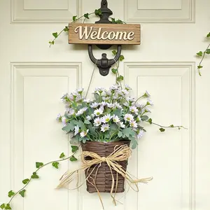 Front Door Hanging Basket Wreath - Spring Summer Wreaths for Front Door, Wildflowers Wreath Artificial Flower Hanging Basket for Porch, Farmhouse Entryway Decoration(Pink)Artificial flowers for outdoor decoration / Home decor / Mother's Day
