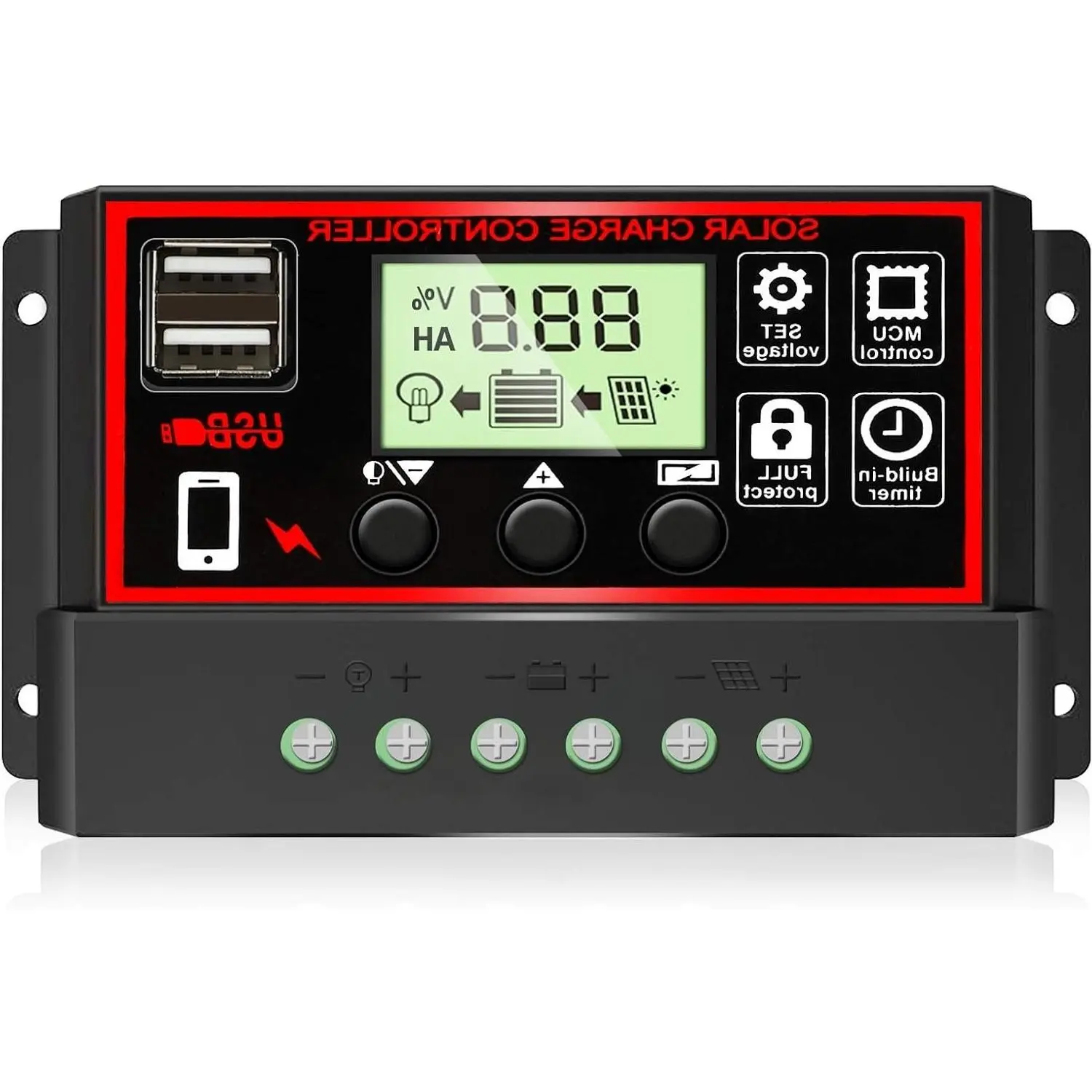 30A Solar Charge Controller, Black Solar Panel Battery Intelligent Regulator with Dual USB Port 12V/24V PWM Auto Parameter Adjustable LCD Display