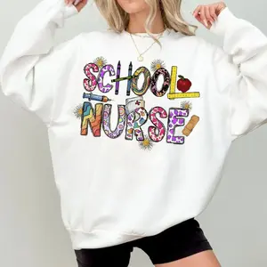 [Made in USA] School Nurse Sweatshirt, Cute Colorful School Nurse Graphic Crewneck Pullover, Nurse Appreciation School Nursing Sweatshirt, Trendy Healthcare Crewneck, Gift For School Nurse Women