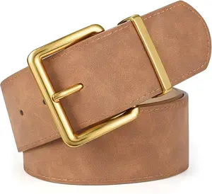 XZQTIVE Women's Wide Chunky Suede Belt with Gold Buckle for Dresses Fashion Thick Belt