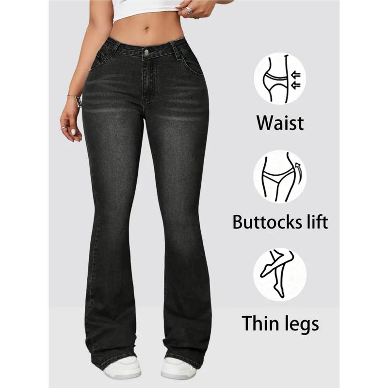 Women's Plus Size High-Waisted Stretch Flared Jeans - Vintage Black Tight-Fitting Bell-Bottoms with 9/10 Length, H-Line Silhouette & Built-In Zipper Closure, All-Season Elegant Casual to Semi-Formal Pants (Machine Washable)