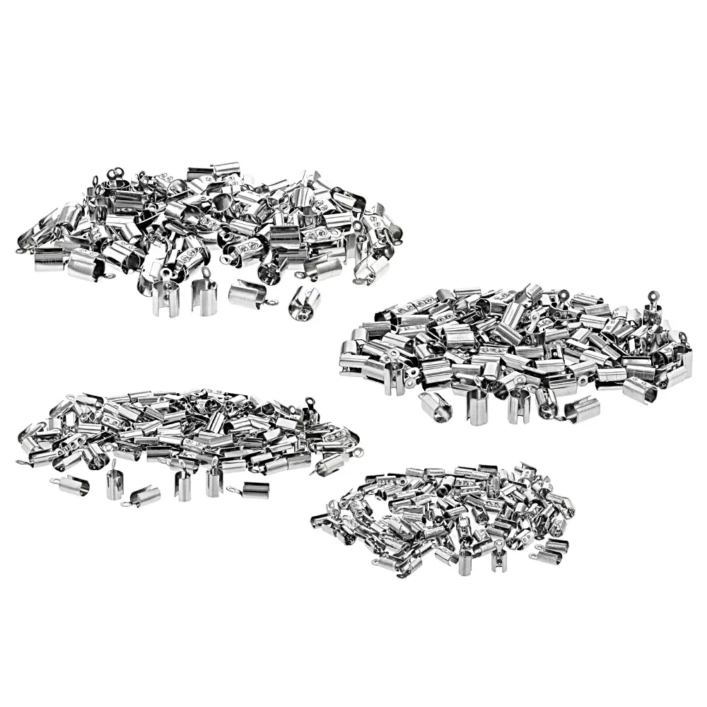 Metallic Stainless Steel End Caps for Crafting, 4 Sizes, Approx 400 Pieces Total (DIY Beading & Jewelry Making Supplies), Cylindrical